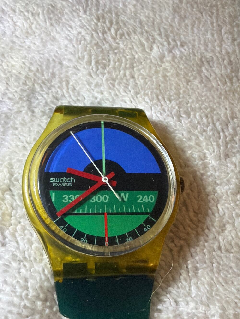 Vintage Swatch Swiss Quartz Watch Multicolor Gauge Dial Yellow Case Green Parts